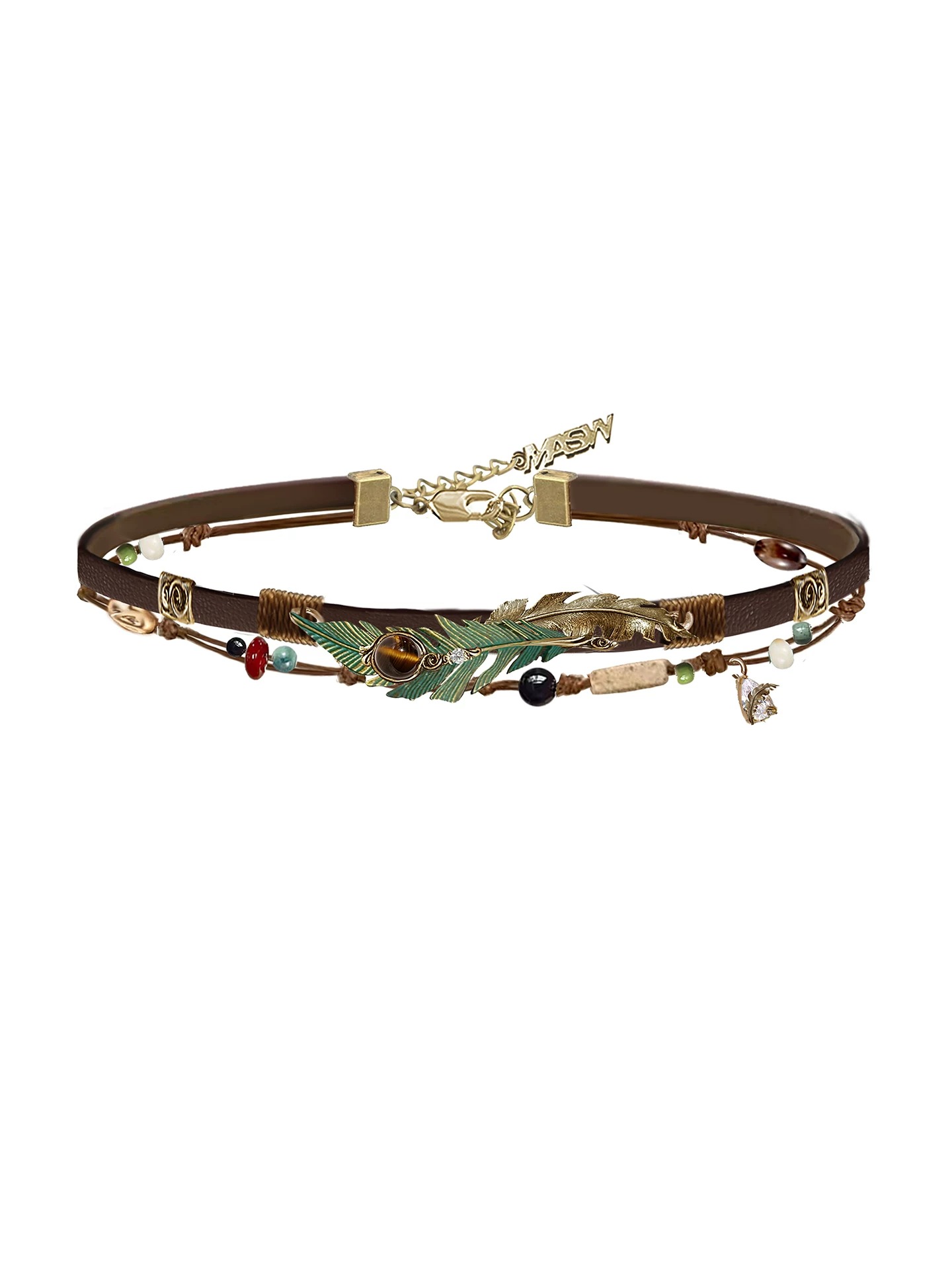 Bohemian Wasteland Multi-Layer Green Feather Necklace | Maillard Leather Choker Layered Necklace