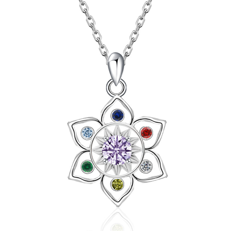 S925 Sterling Silver Chakra Lotus Birthstone Necklace