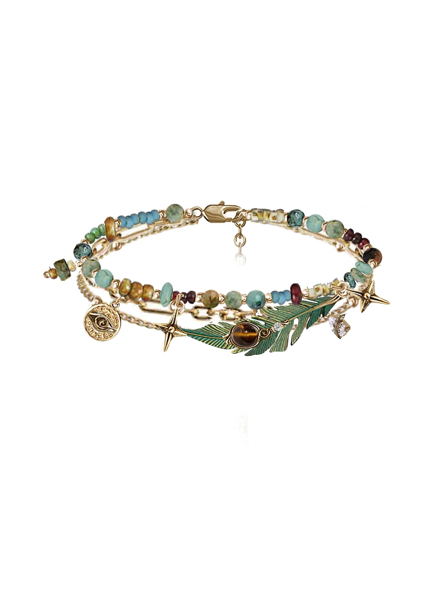 Vintage Enamel Feather Tiger's Eye Beaded Bracelet | Original Exotic Bohemian Layered Bracelet
