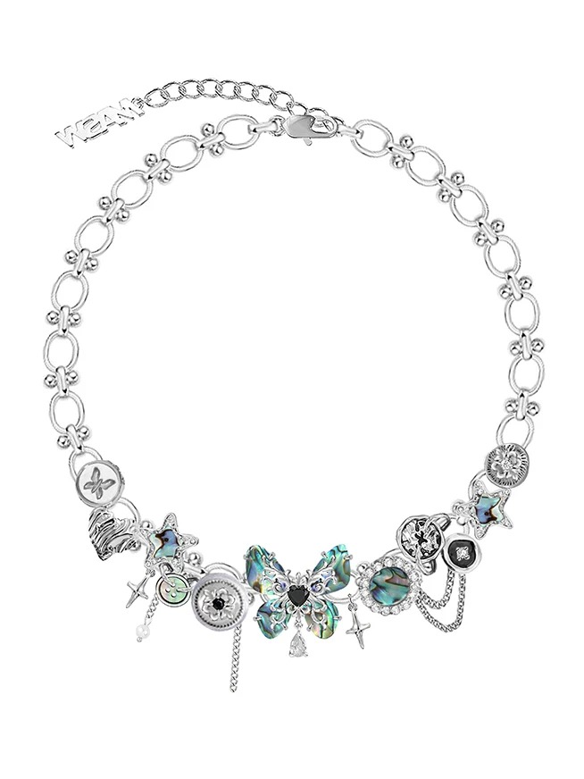 Abalone Shell Butterfly Multi-Charm Choker Necklace | Vintage Silver Light Luxury Designer Collar Necklace