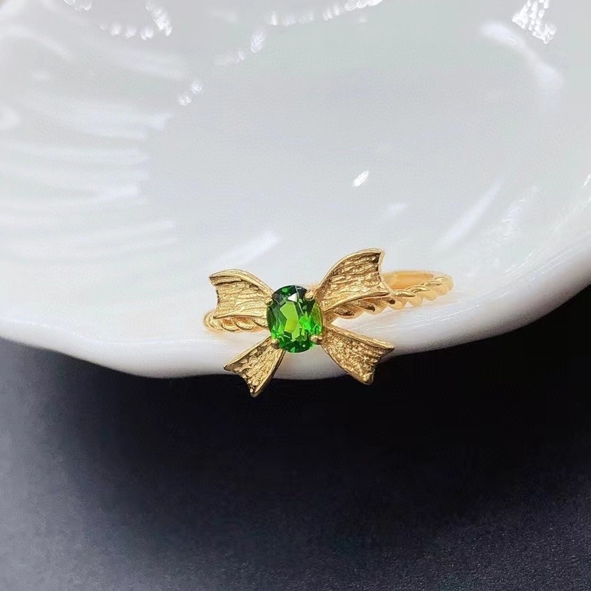 Natural Garnet & Green Diopside Bow Knot Ring, S925 Sterling Silver Gold Plated Adjustable Ring