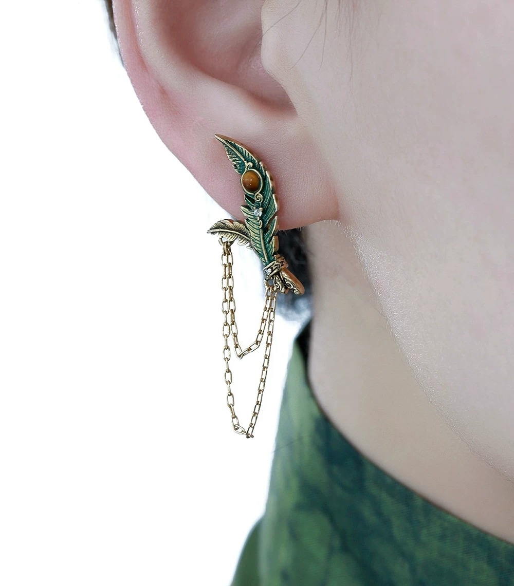 Asymmetric Green Feather Chain Tassel Drop Earrings | Vintage Gold Tiger's Eye Statement Earrings