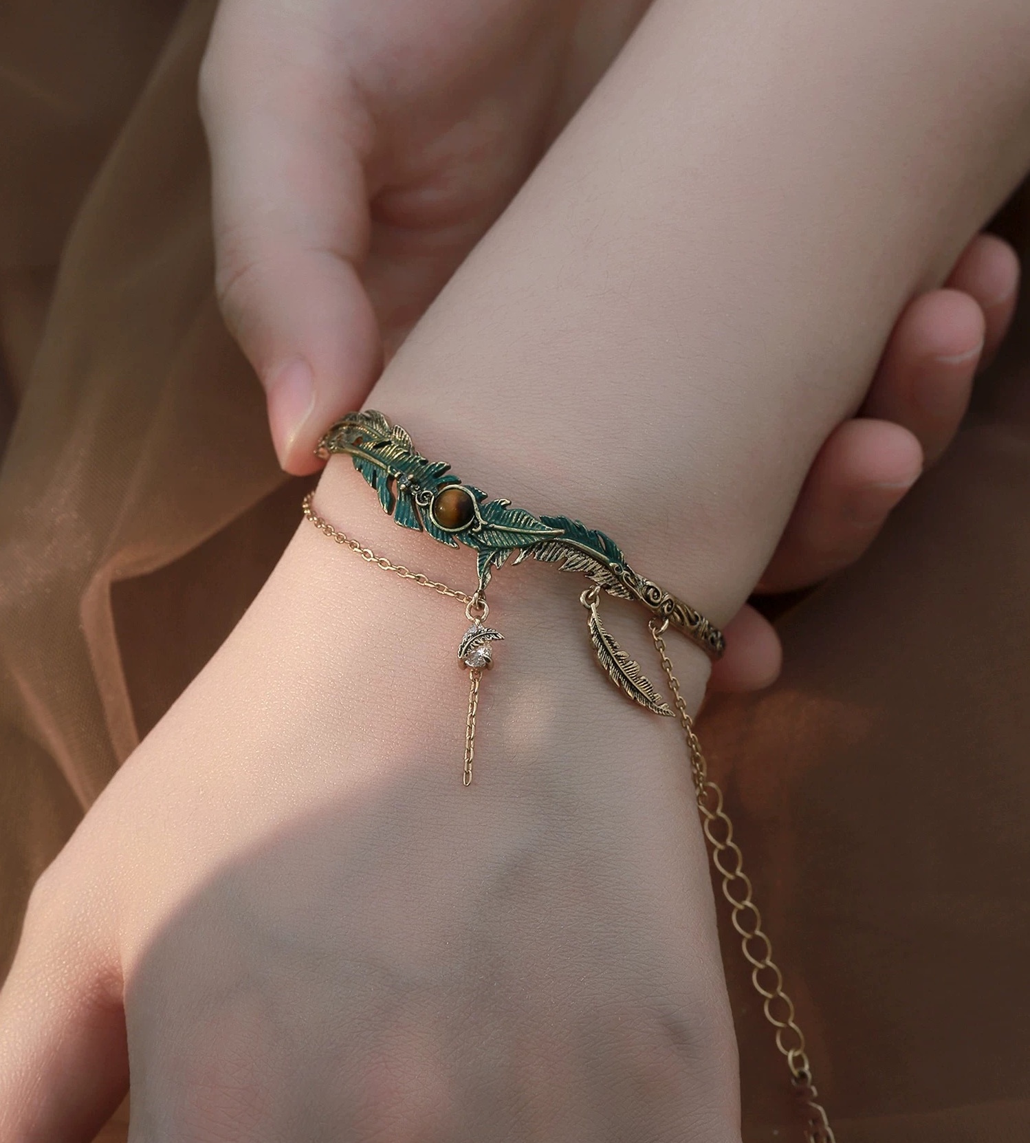Vintage Gold Enamel Feather Tiger's Eye Bangle | Original Chain Tassel Retro Statement Bracelet