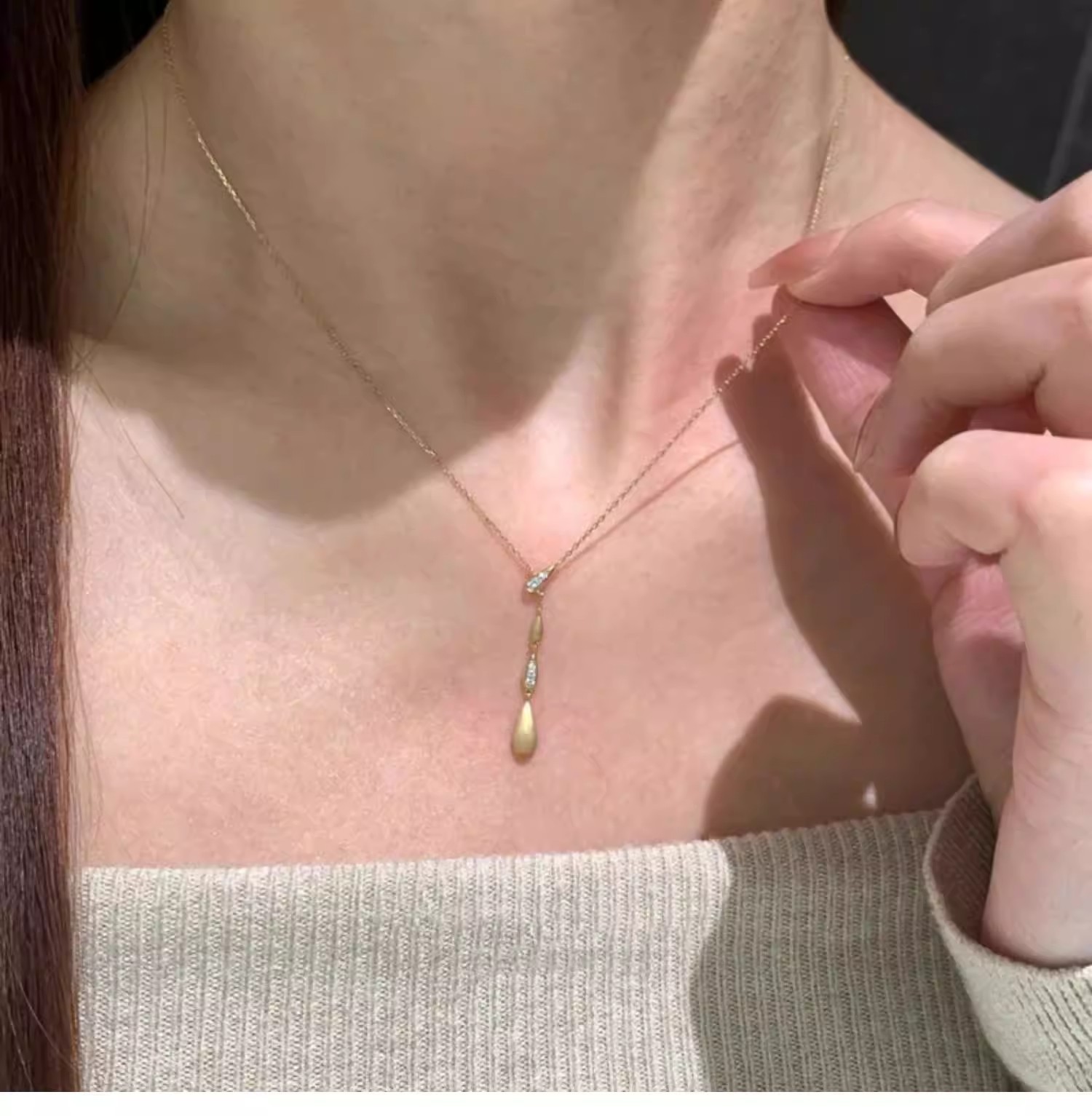 S925 Sterling Silver Teardrop Y-Necklace | French Brushed Tassel Minimalist Collarbone Necklace