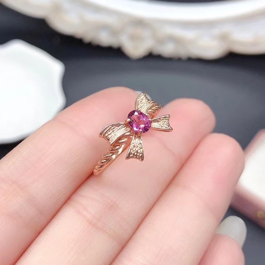 Natural Garnet & Green Diopside Bow Knot Ring, S925 Sterling Silver Gold Plated Adjustable Ring