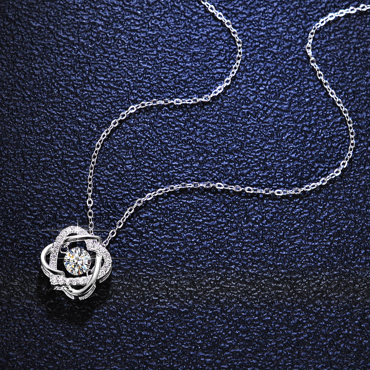 S925 Silver Dancing Moissanite Necklace, Intertwined Hollow Floral Pendant Adjustable Clavicle Chain