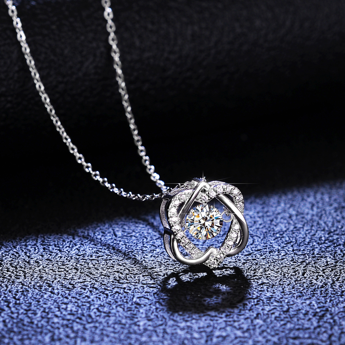 S925 Silver Dancing Moissanite Necklace, Intertwined Hollow Floral Pendant Adjustable Clavicle Chain
