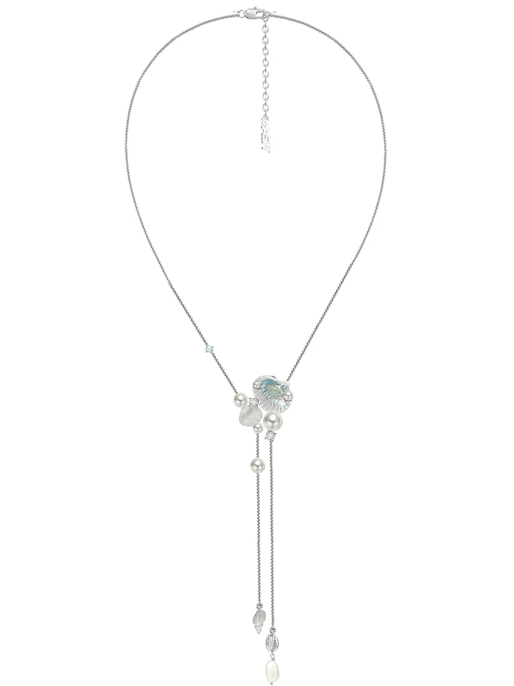 Blue Shell Pearl Long Lariat Necklace | Ocean Conch Charm Adjustable Neck Chain for Women