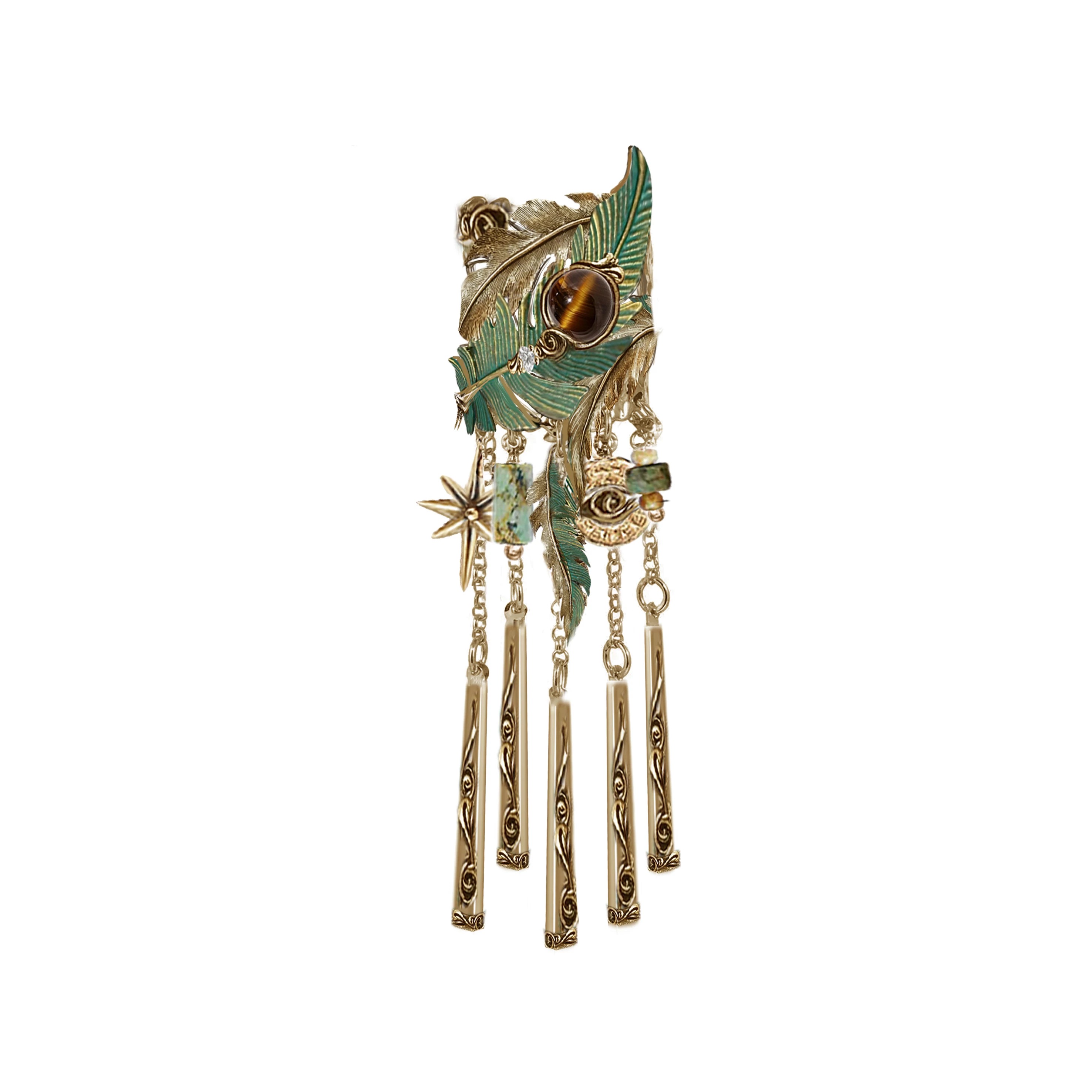 Vintage Exotic Bohemian Green Feather Tassel Ponytail Claw Clip | Original Ancient Style Hair Accessory