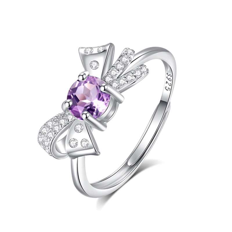 Natural Gemstone Bow Ring, S925 Sterling Silver Adjustable Open Ring