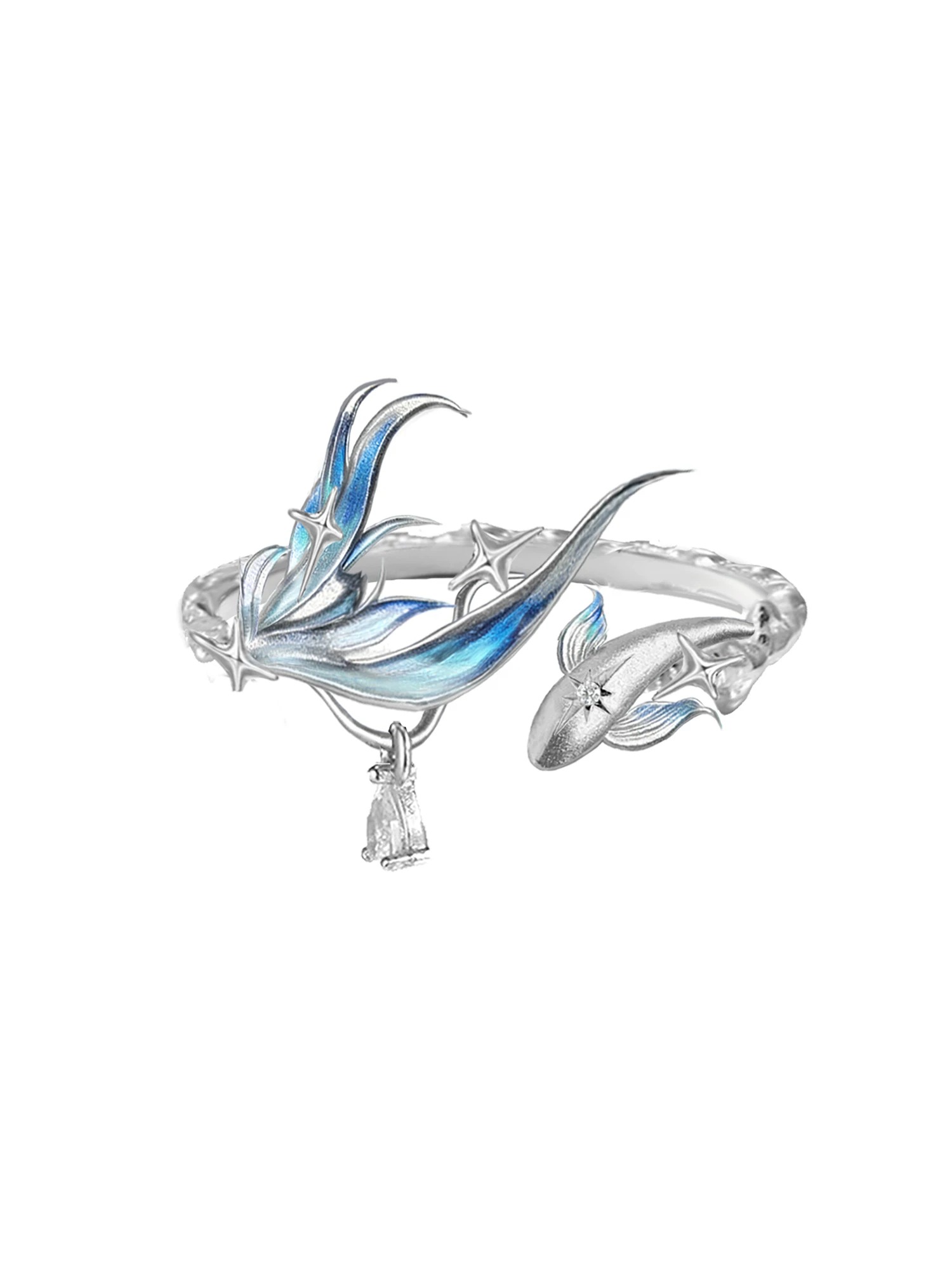 Deep Sea Legend Romantic Couple Open Ring Set | Ice Blue Mermaid Tail Starfish Matching Ring Pair