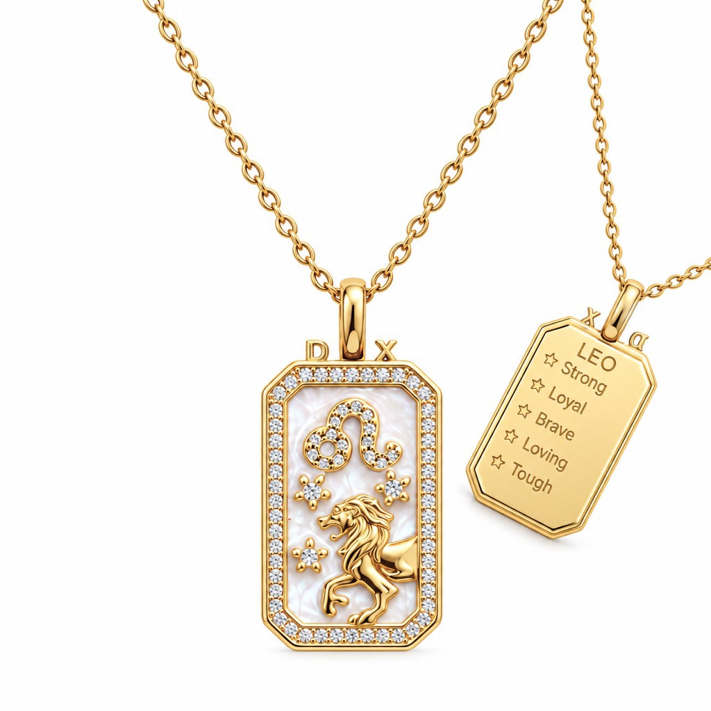 12 Zodiac Sign Rectangular Tag Necklace, Gold Plated Shell Inlay Zircon Pendant Necklace