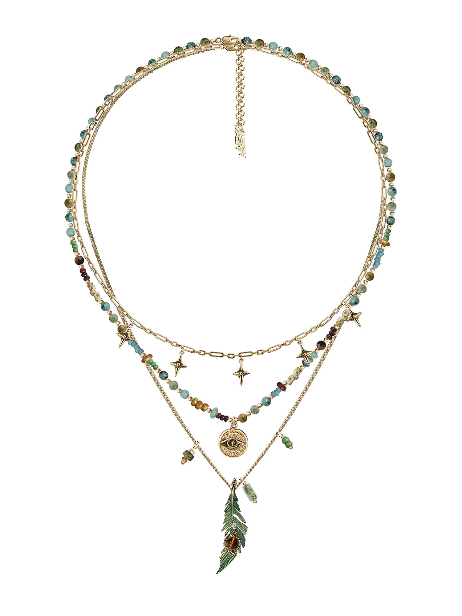 Bohemian Multi-Layer Beaded Collarbone Necklace | Vintage Gold Ethnic Green Feather Pendant Necklace