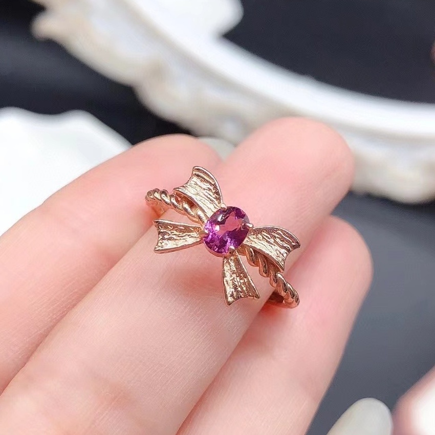 Natural Garnet & Green Diopside Bow Knot Ring, S925 Sterling Silver Gold Plated Adjustable Ring