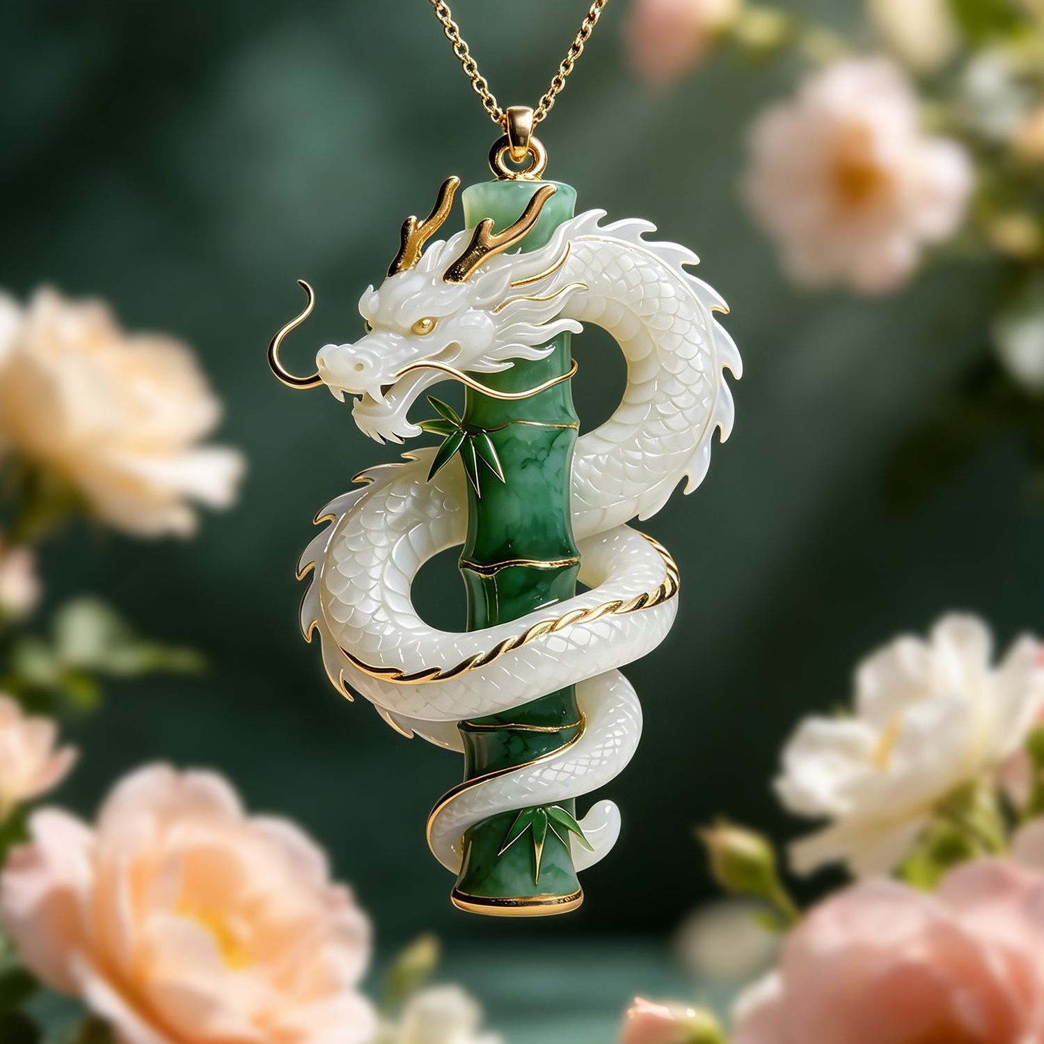 White Dragon Jade Bamboo Pendant Necklace, Lucky Growth Spirit Dragon Amulet, Gold Trim Oriental Prosperity Charm, Spiritual Protection Jewelry