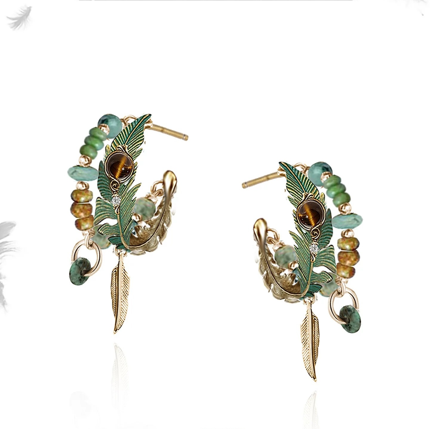 Vintage Green Peacock Feather Enamel Hoop Earrings | Bohemian Exotic Vacation Beaded Drop Earrings