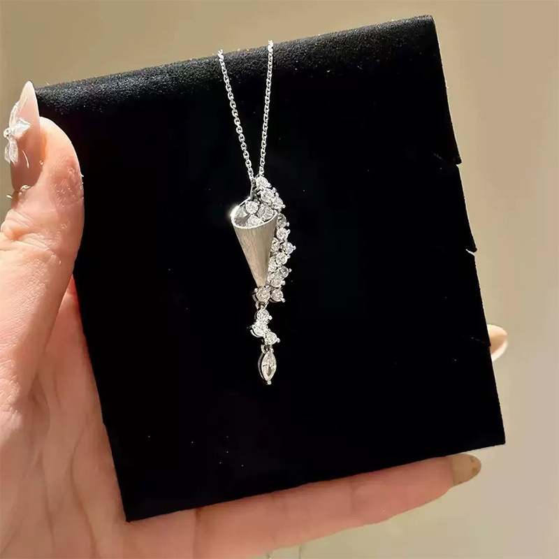 S925 Sterling Silver Brushed Pave Long Pendant Necklace | Minimalist Luxury Tapered Drop Necklace for Women