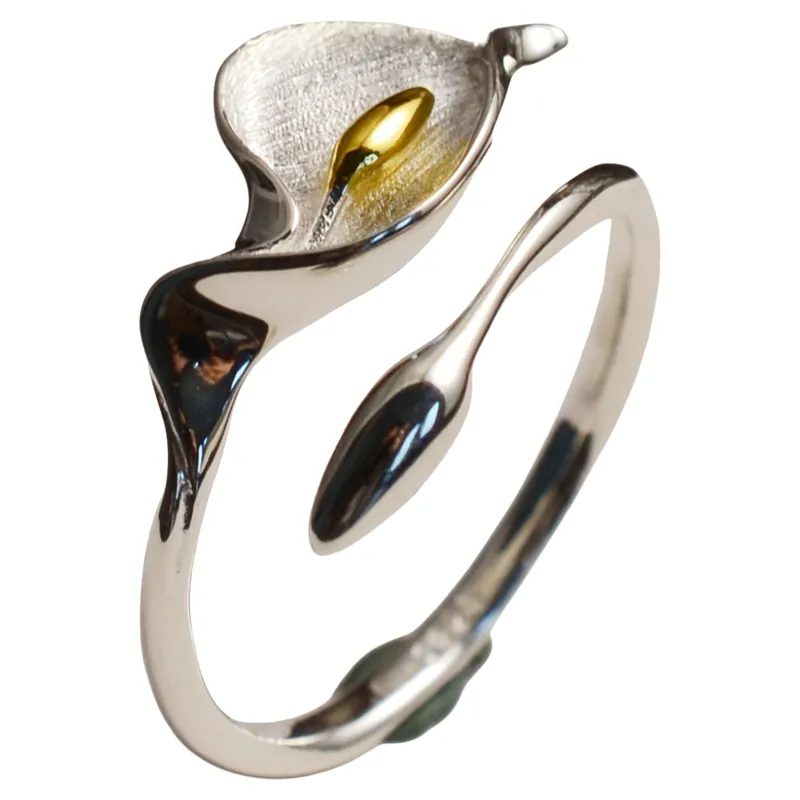 S925 Sterling Silver Calla Lily Flower Open Ring, Vintage Adjustable Flower Band Ring for Women