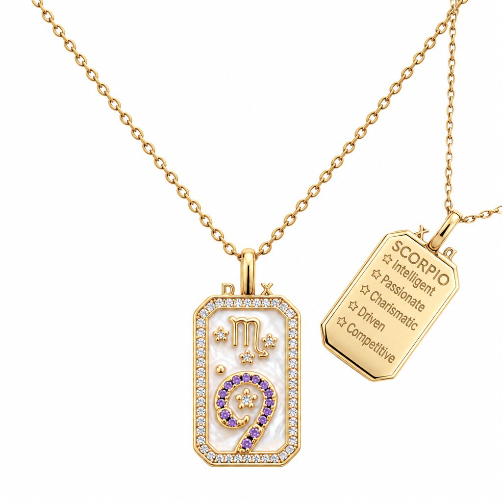 12 Zodiac Sign Rectangular Tag Necklace, Gold Plated Shell Inlay Zircon Pendant Necklace