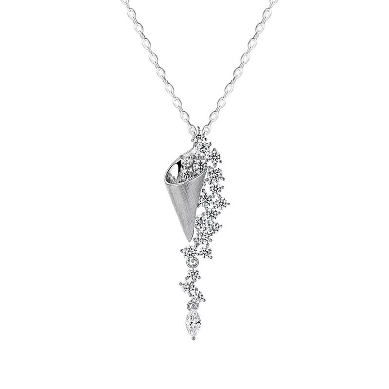 S925 Sterling Silver Brushed Pave Long Pendant Necklace | Minimalist Luxury Tapered Drop Necklace for Women