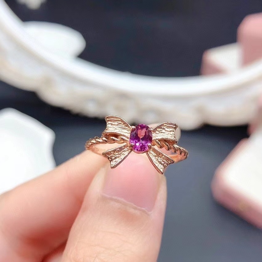 Natural Garnet & Green Diopside Bow Knot Ring, S925 Sterling Silver Gold Plated Adjustable Ring