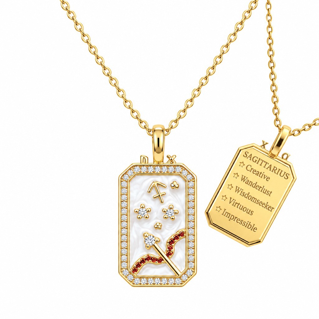12 Zodiac Sign Rectangular Tag Necklace, Gold Plated Shell Inlay Zircon Pendant Necklace