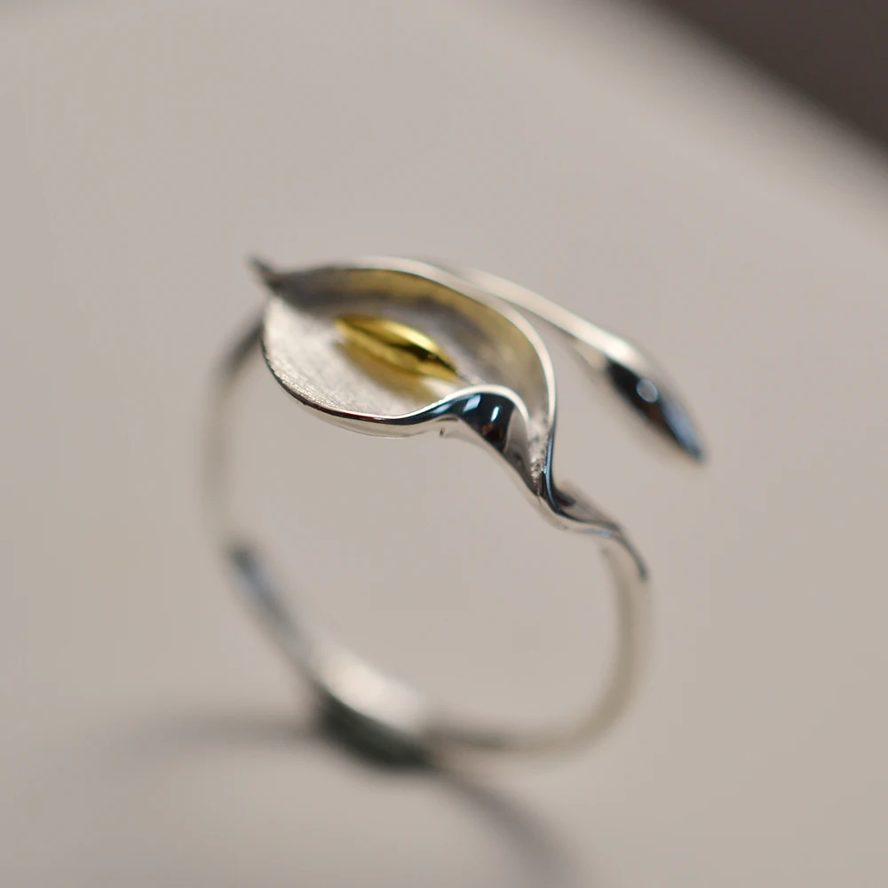 S925 Sterling Silver Calla Lily Flower Open Ring, Vintage Adjustable Flower Band Ring for Women