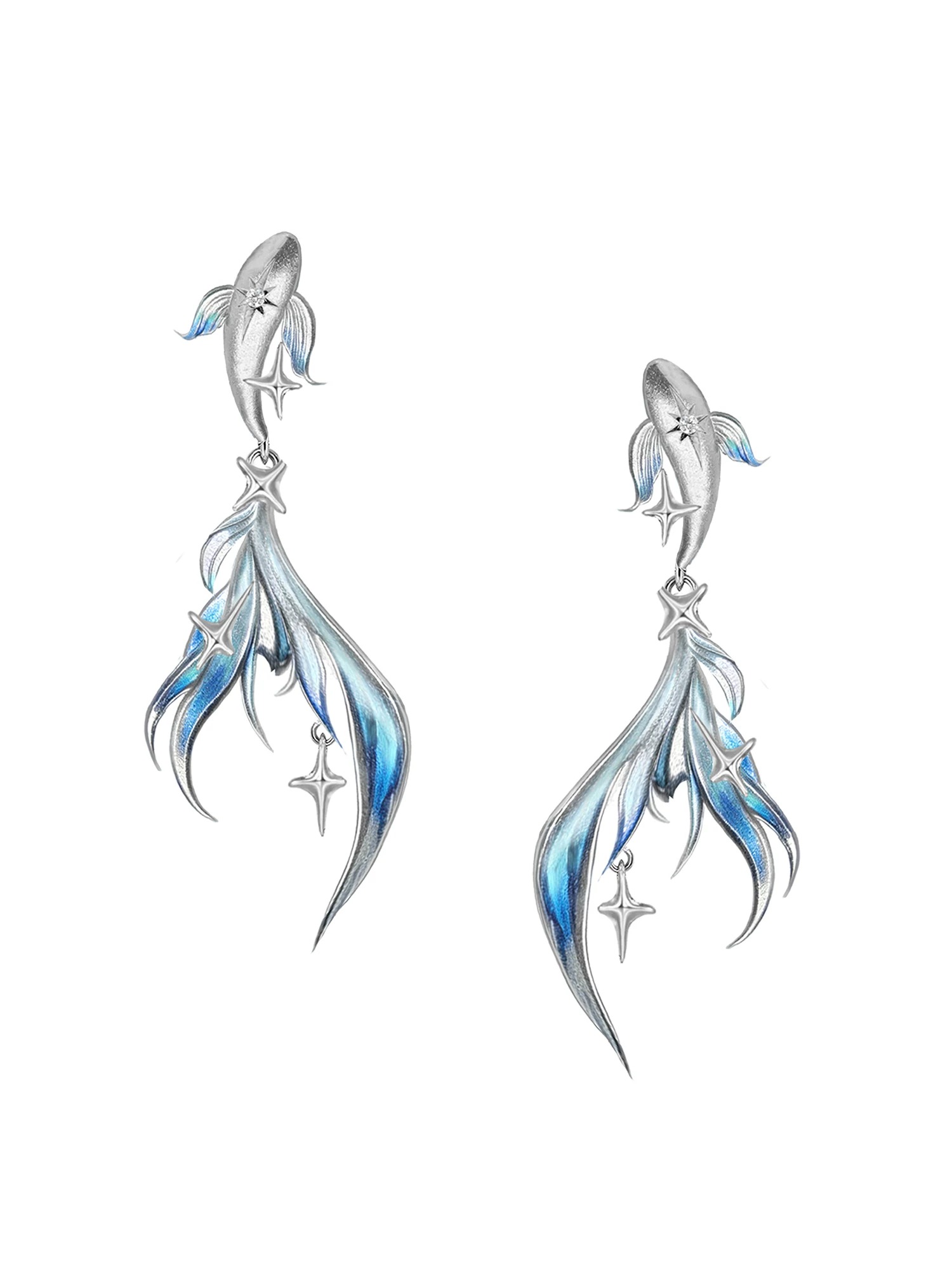 Deep Sea Legend Gradient Enamel Fishtail Earrings | Premium Cool-Tone Stud & No-Piercing Ear Cuff 2 Styles