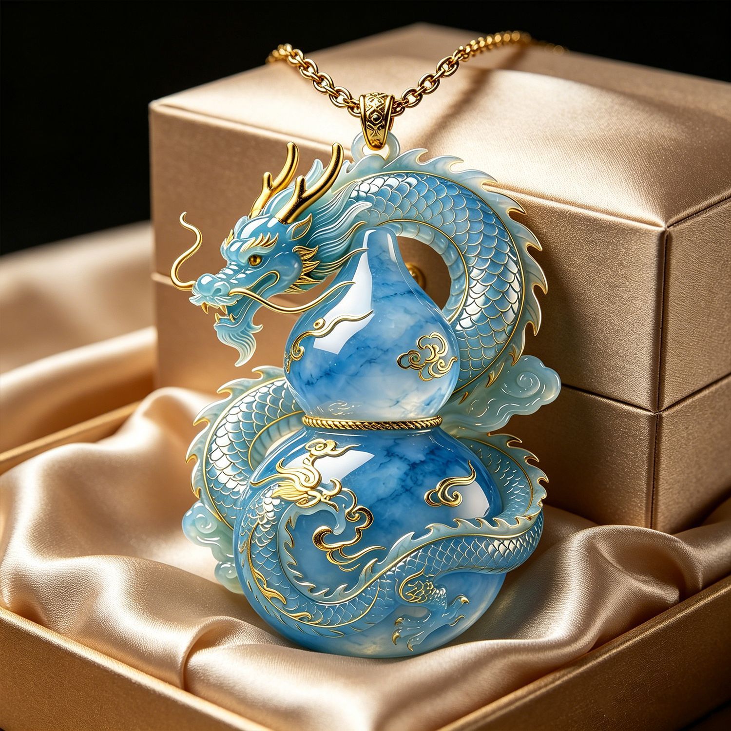 Blue Sea Dragon Gourd Pendant Necklace, Spirit Dragon Calabash Amulet, Oriental Lucky Charm, Gold Trim Spiritual Protection Jewelry 