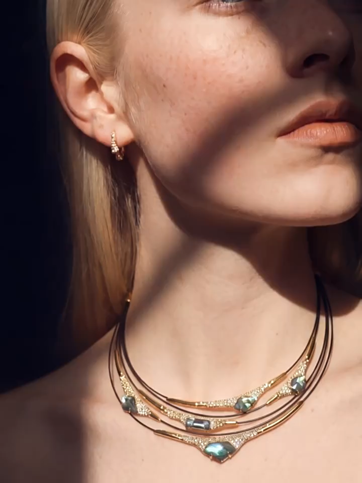 Vintage Natural Abalone Mother of Pearl Multi-Layer Choker | Designer Antique Gold Statement Collar Necklace