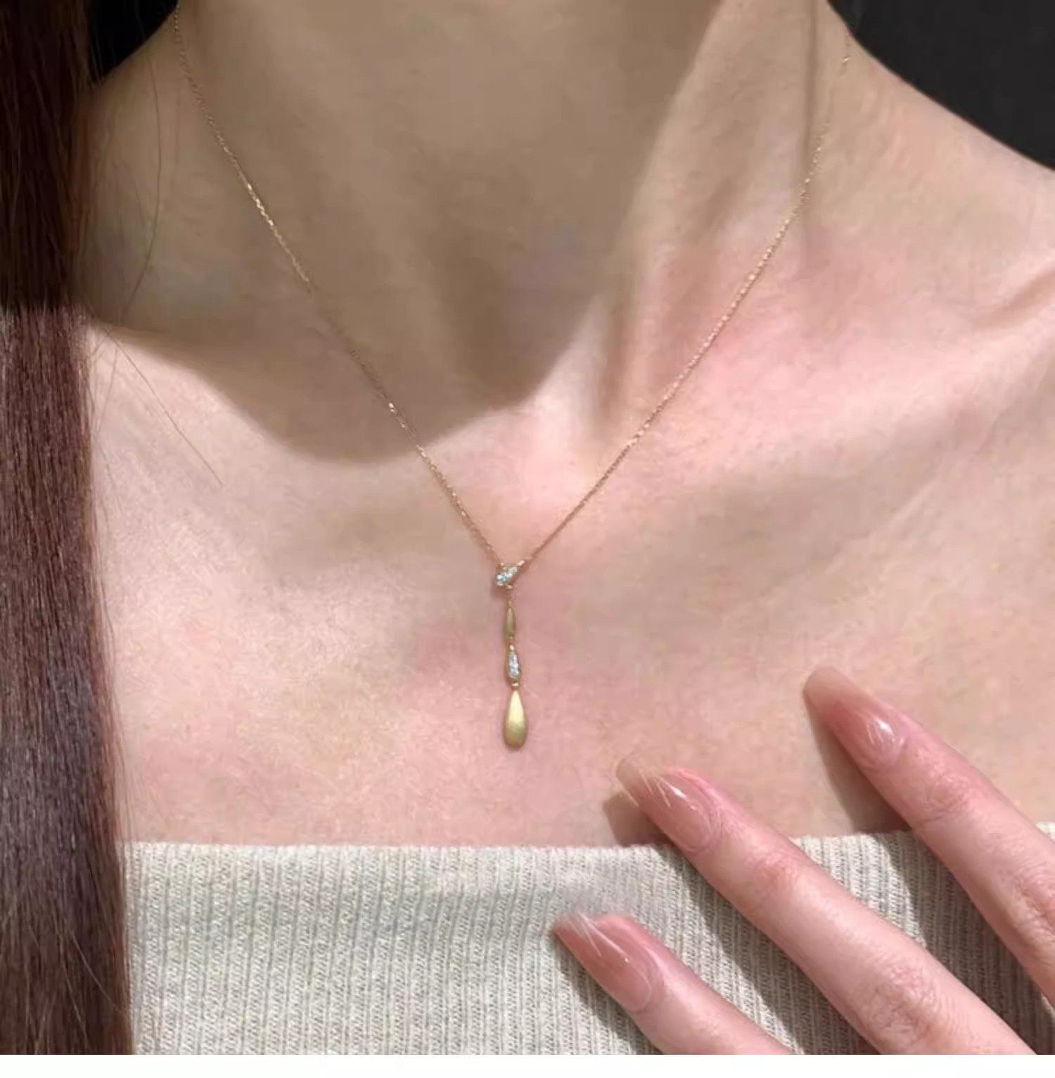 S925 Sterling Silver Teardrop Y-Necklace | French Brushed Tassel Minimalist Collarbone Necklace