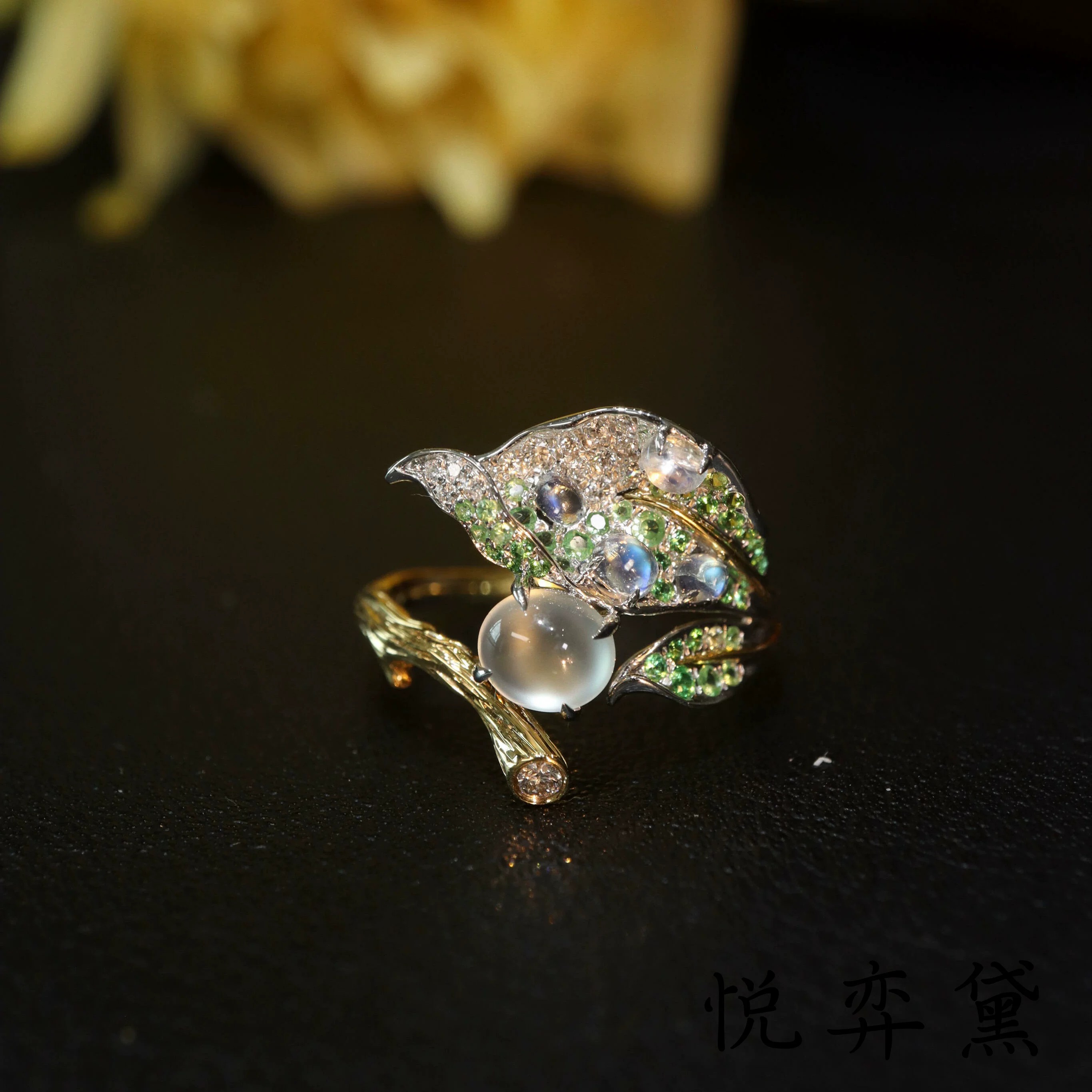 Two-Tone Gold Perched Bird Moonstone Open Ring | Forest Style Colorful Gemstone Leaf Statement Ring