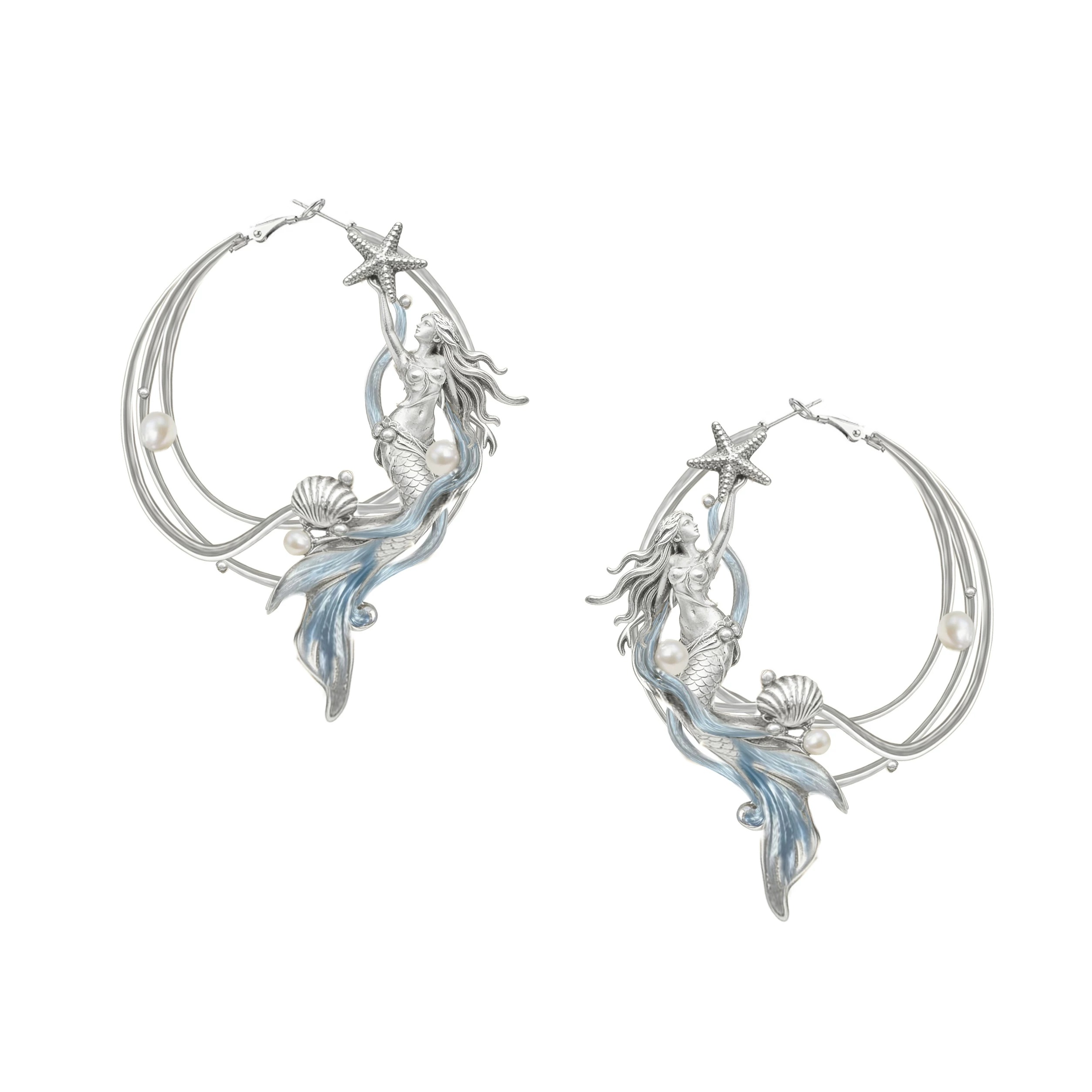 Deep Sea Legend 3D Mermaid Pearl Hoop Earrings | Original Sweet Cool Unisex Statement Earrings