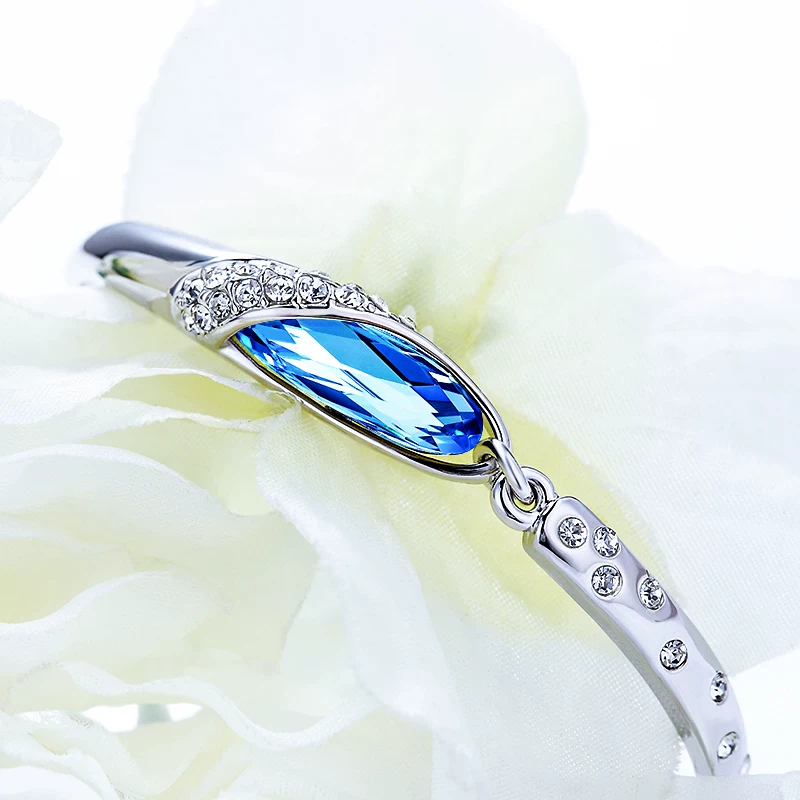 Blue Crystal Zodiac Bangle Bracelet for Women Silver Tone 12 Horoscope Charms Elegant Birthday Gift