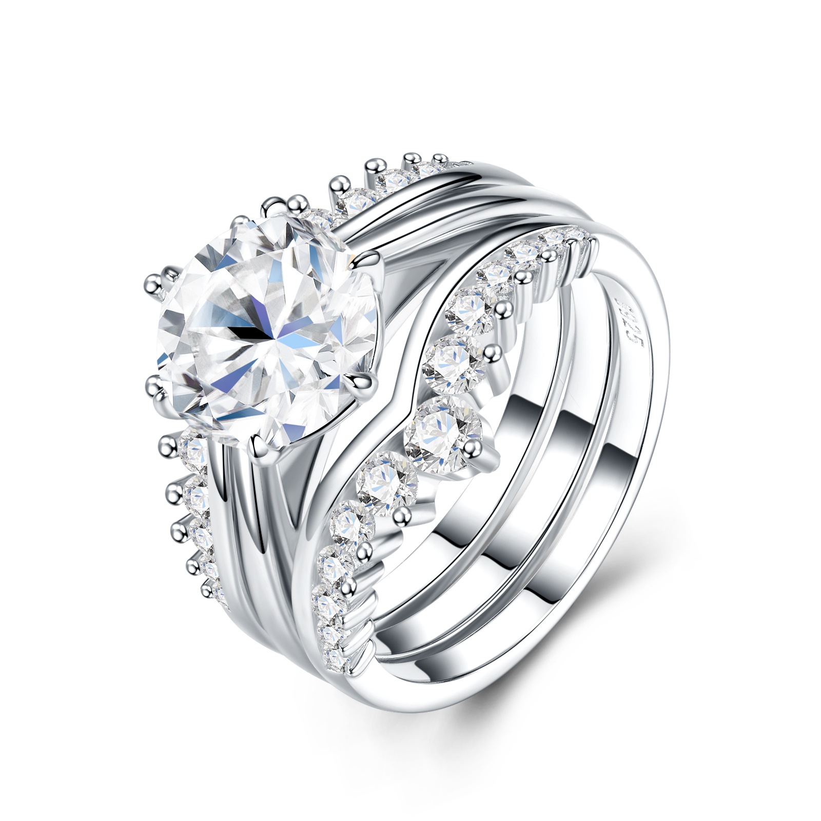 S925 Sterling Silver 3 Carat Moissanite Three Stackable Ring Set