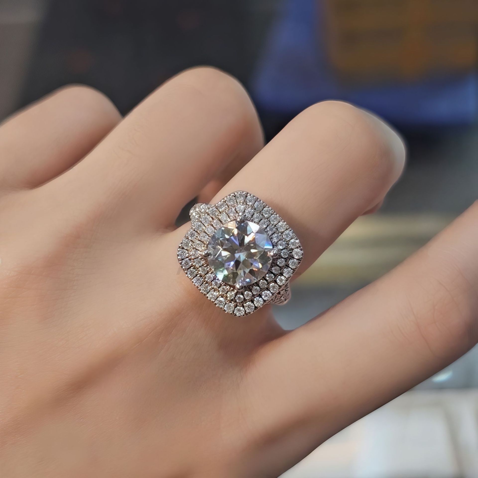 Moissanite Halo Engagement Ring, S925 Sterling Silver Square Double Halo Wedding Ring