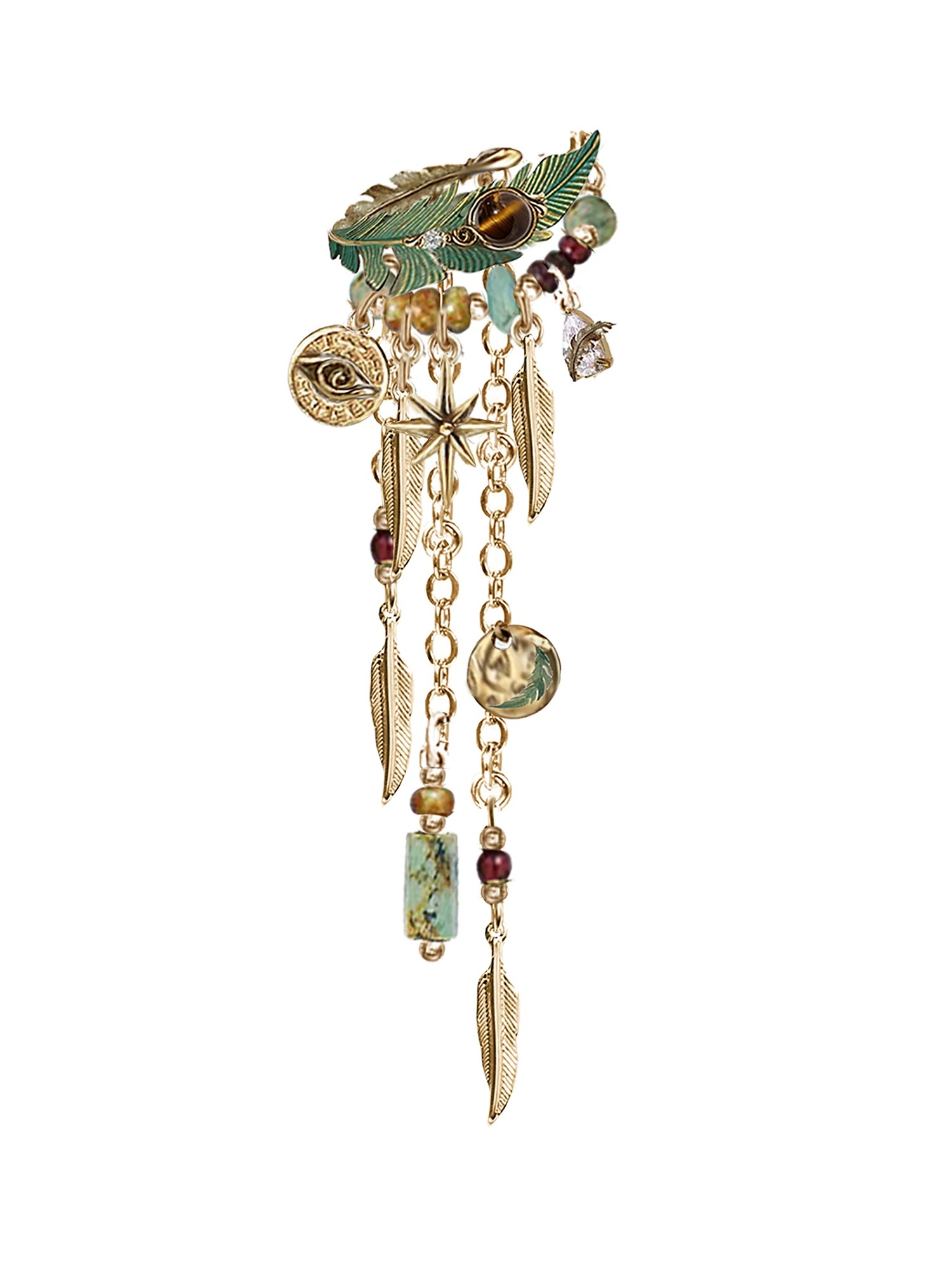 Ethnic Tribal Green Enamel Feather Ear Cuff | Vintage Gold Tassel No-Piercing Statement Earring