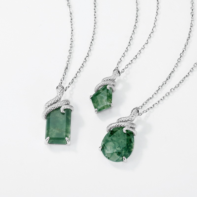 S925 Sterling Silver Natural Green Moss Agate Snake Pendant Necklace