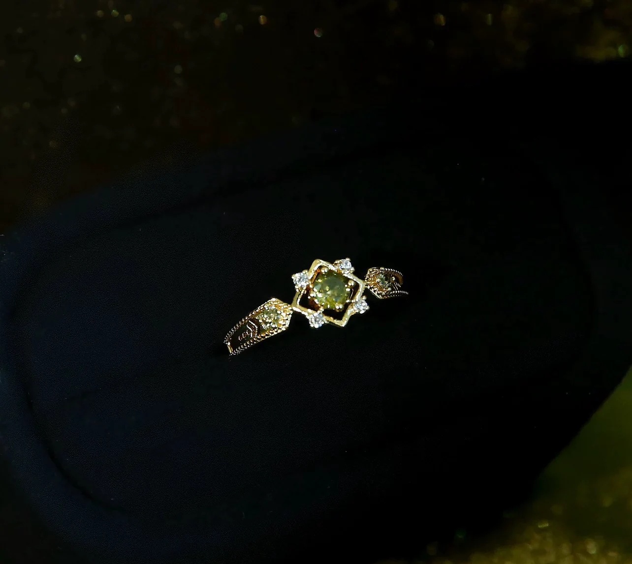 Vintage French Olive Green Zircon Open Stackable Adjustable Ring For Women