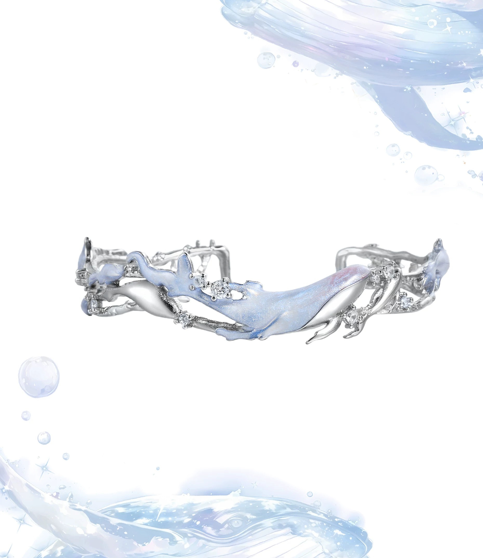 Atlantean Whale 3D Relief Cuff Bracelet | Original Niche Sweet Cool Premium Bangle & Pearl Bracelet Set