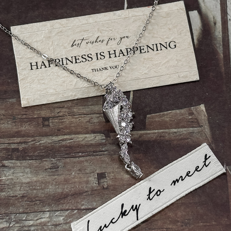 S925 Sterling Silver Brushed Pave Long Pendant Necklace | Minimalist Luxury Tapered Drop Necklace for Women