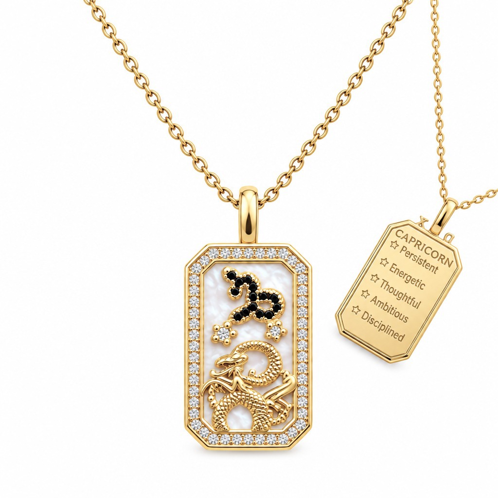 12 Zodiac Sign Rectangular Tag Necklace, Gold Plated Shell Inlay Zircon Pendant Necklace