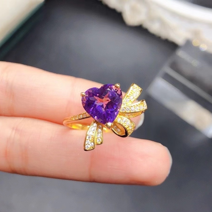 Heart Natural Amethyst Ring, S925 Sterling Silver Gold Plated Adjustable Open Ring