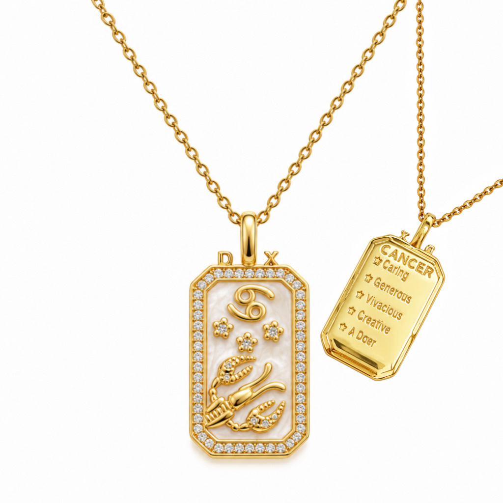 12 Zodiac Sign Rectangular Tag Necklace, Gold Plated Shell Inlay Zircon Pendant Necklace