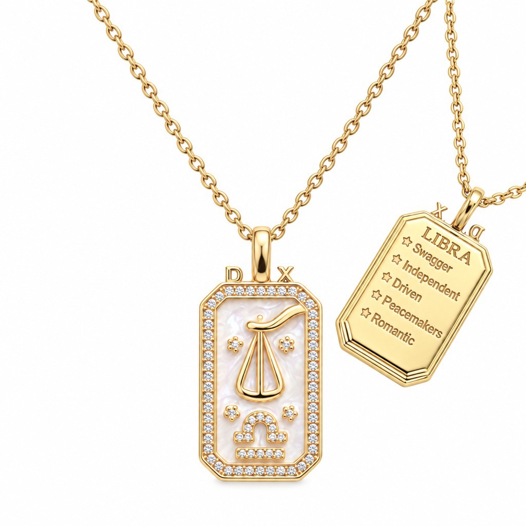 12 Zodiac Sign Rectangular Tag Necklace, Gold Plated Shell Inlay Zircon Pendant Necklace