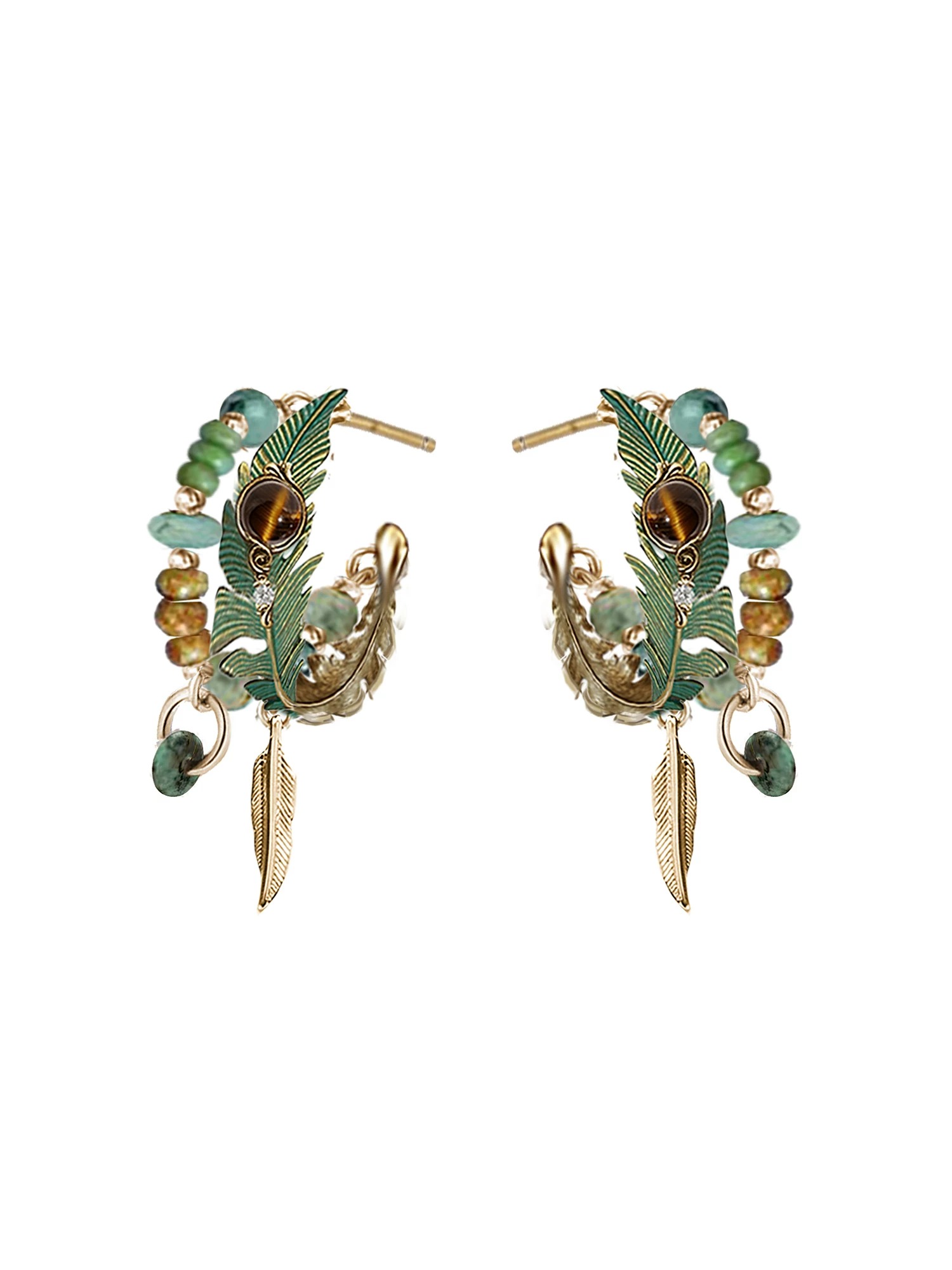 Vintage Green Peacock Feather Enamel Hoop Earrings | Bohemian Exotic Vacation Beaded Drop Earrings