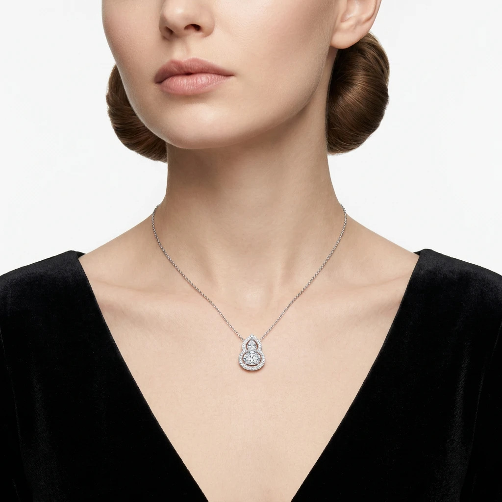 S925 Sterling Silver  Moissanite Gourd Necklace, Oval Cut Double Stone Hulu Pendant