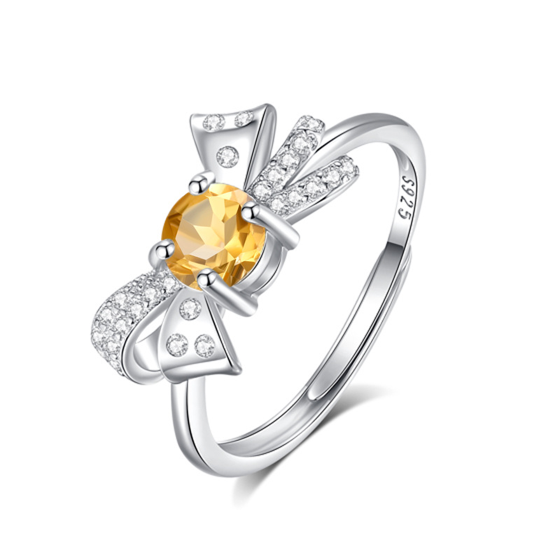 Natural Gemstone Bow Ring, S925 Sterling Silver Adjustable Open Ring