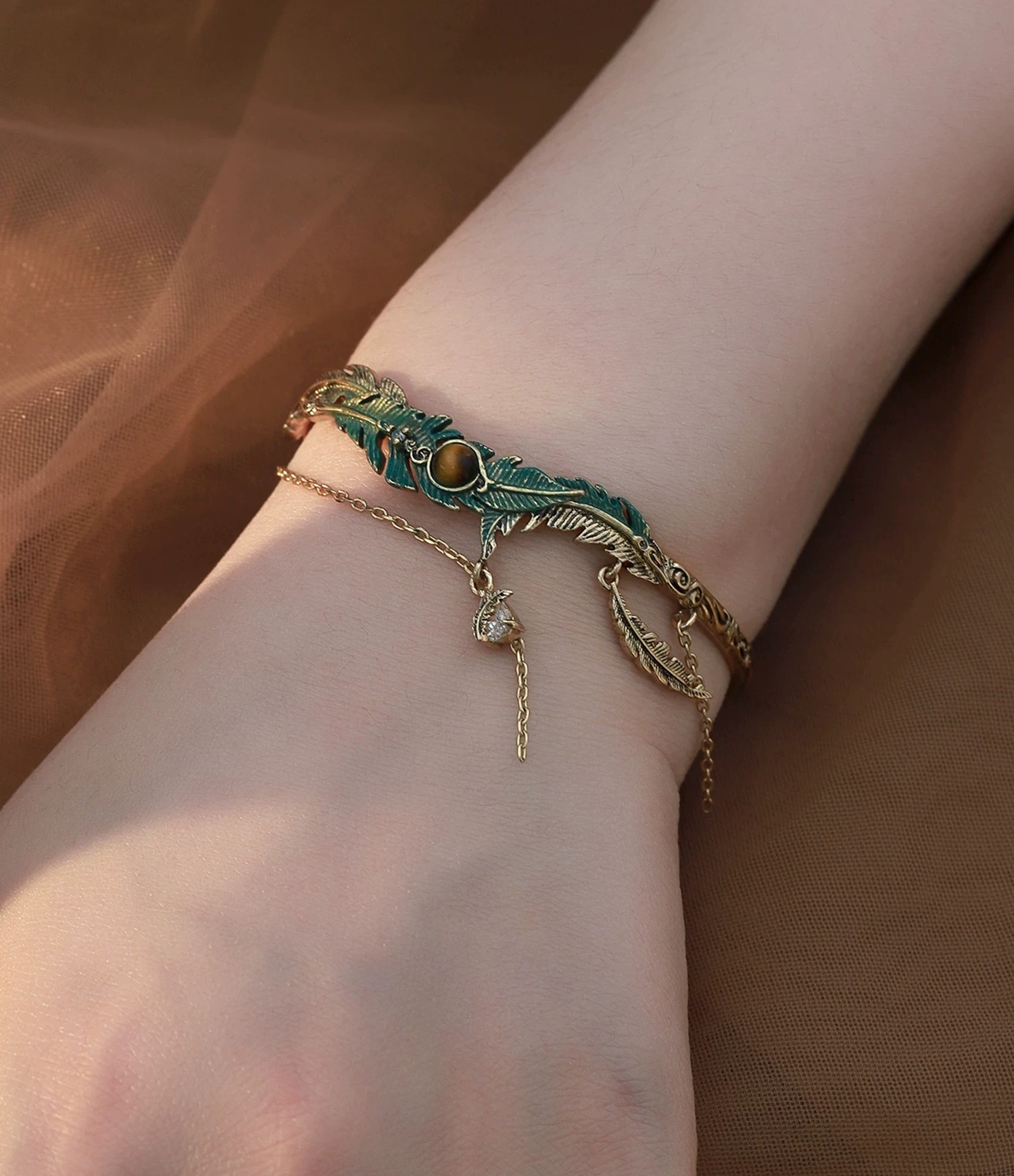 Vintage Gold Enamel Feather Tiger's Eye Bangle | Original Chain Tassel Retro Statement Bracelet