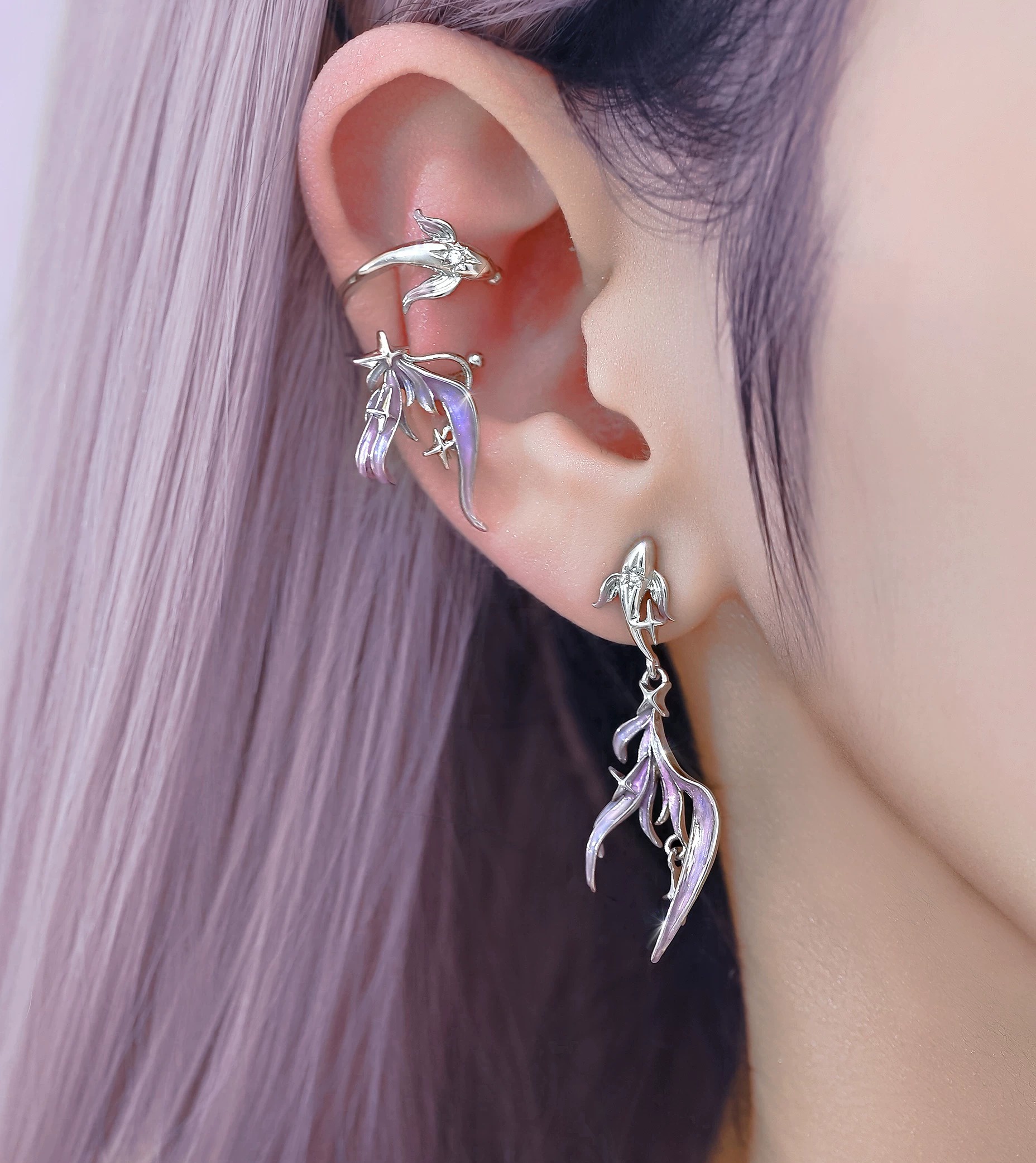 Deep Sea Legend Gradient Enamel Fish Tail Ear Cuff | No-Piercing Fairy Ocean Silver Cartilage Earring